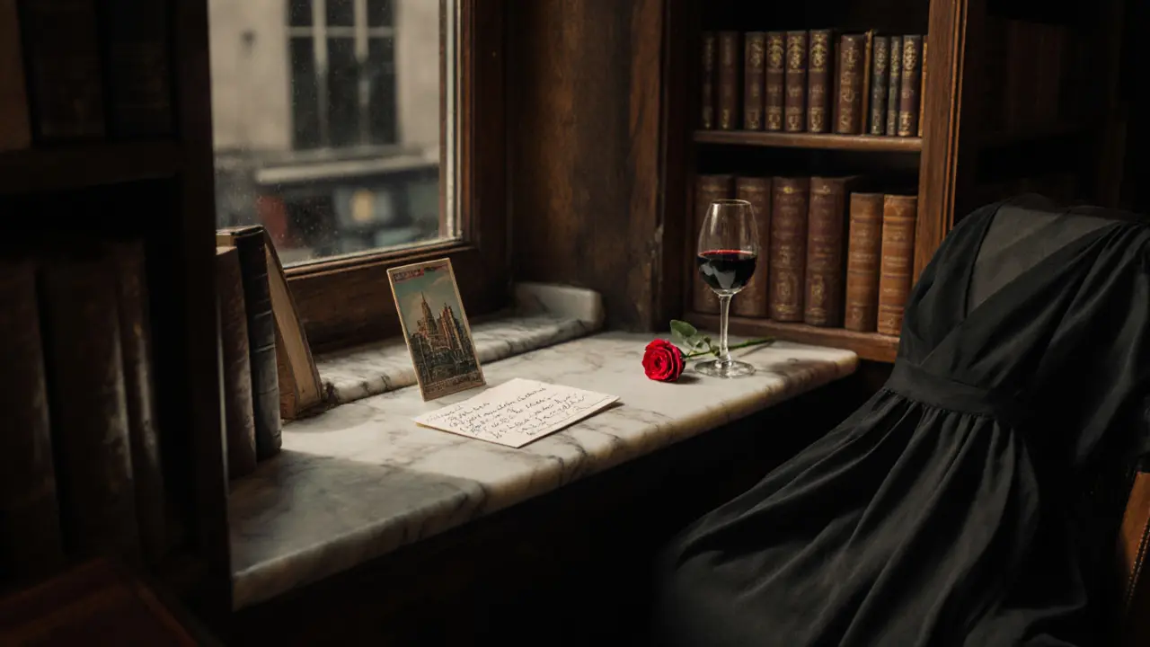 A handwritten note and rose rest on a windowsill beside a vintage postcard and wine glass in a quiet bookshop.