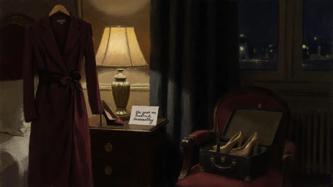A handwritten note lies on a hotel nightstand in a dimly lit room, dress hanging nearby.