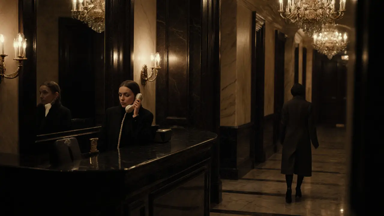 A luxury hotel concierge desk at night, a woman walking away down a marble corridor, no faces visible.