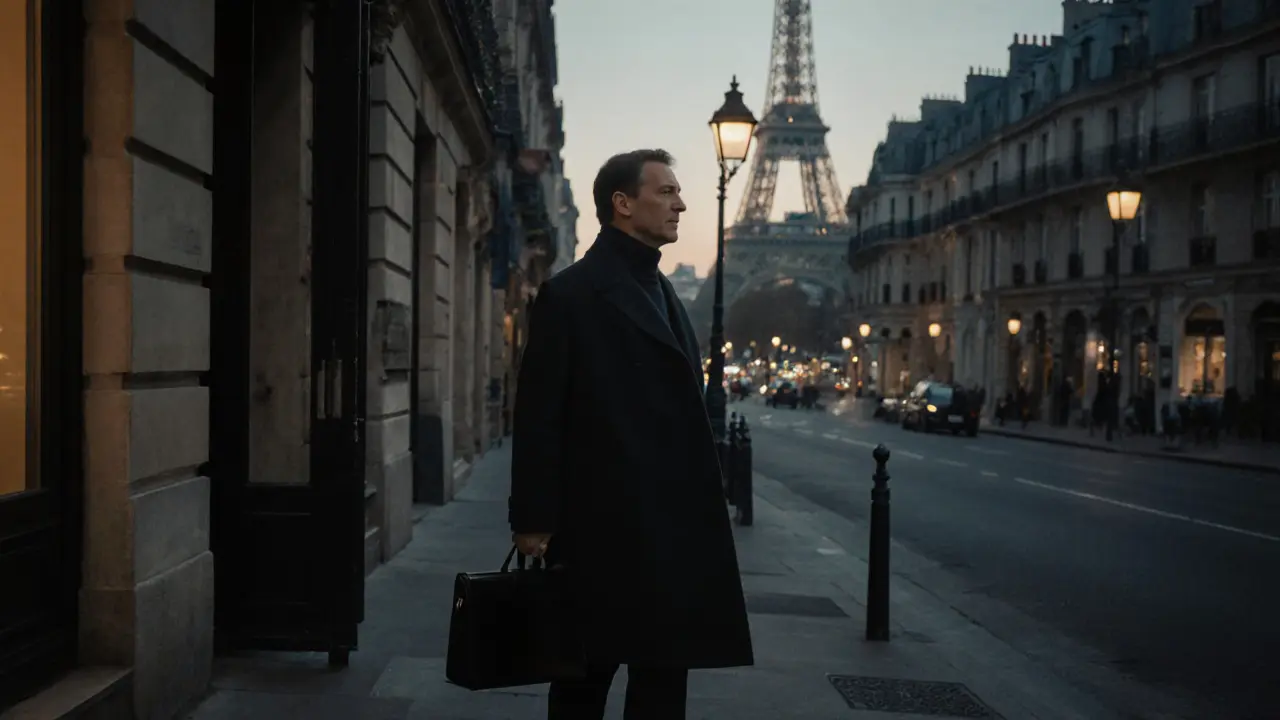 A man walking away from a Paris apartment at dusk, expressing quiet gratitude.