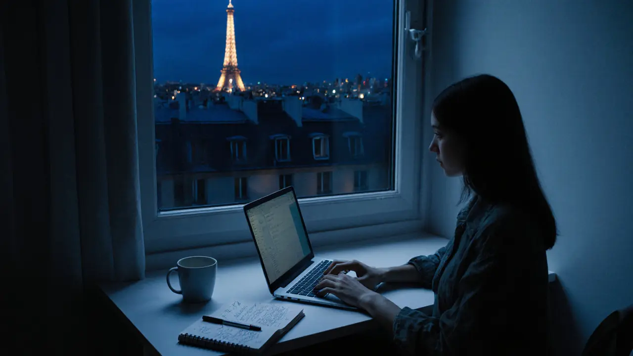 A modern Parisian woman works quietly in her apartment, city lights glowing beyond the window.