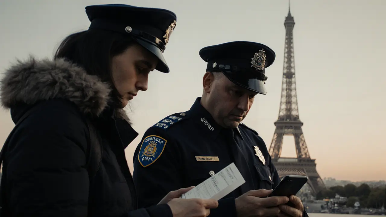 A police officer reviews a payment receipt on a tourist's phone near the Eiffel Tower.