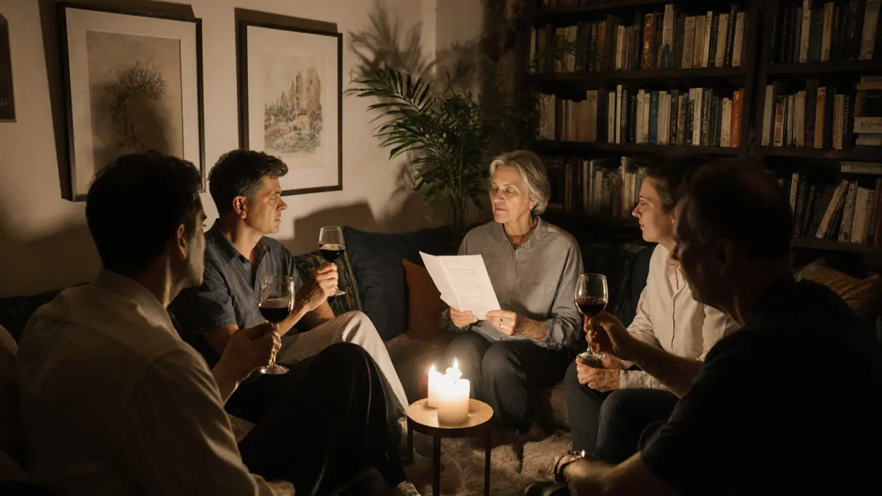 A quiet group of adults sharing poetry and wine in a softly lit Parisian loft.