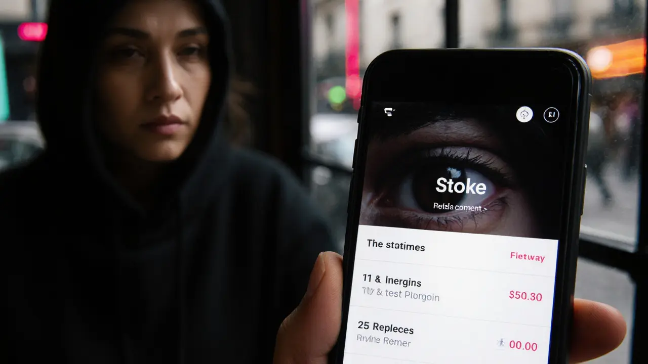 A woman's eye reflecting a private escort app interface on her smartphone in a Paris café.