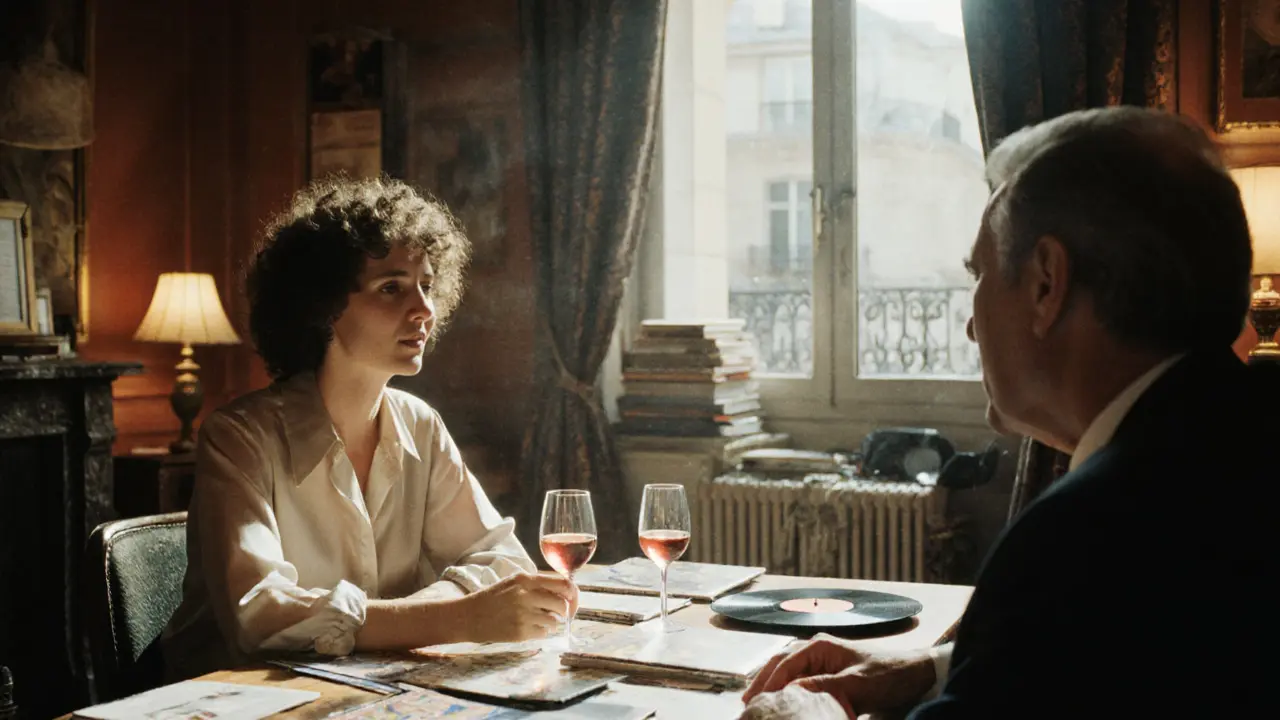 A woman and man share wine and conversation in a 1970s Paris salon filled with books and art.