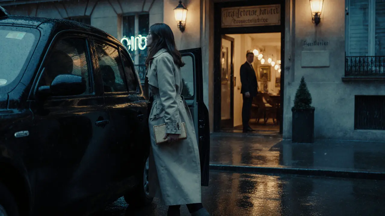 A woman exits a taxi outside a luxury Paris hotel at night, dressed modestly, in a quiet, atmospheric street scene.
