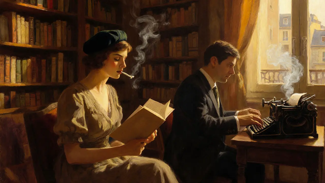 A woman in a beret recites poetry to a man at a vintage typewriter in a Parisian apartment at dusk.