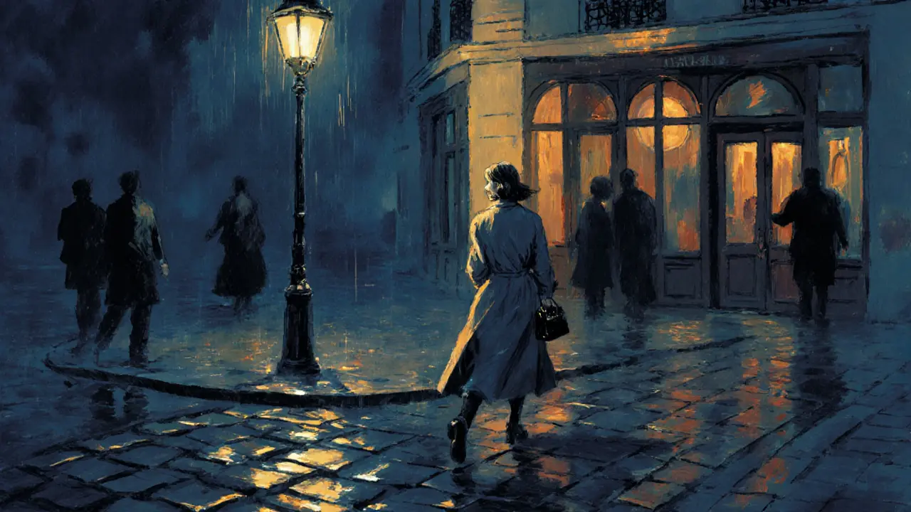 A woman walking alone at night in Montmartre, rain-slicked streets, shadowy figures in the background.