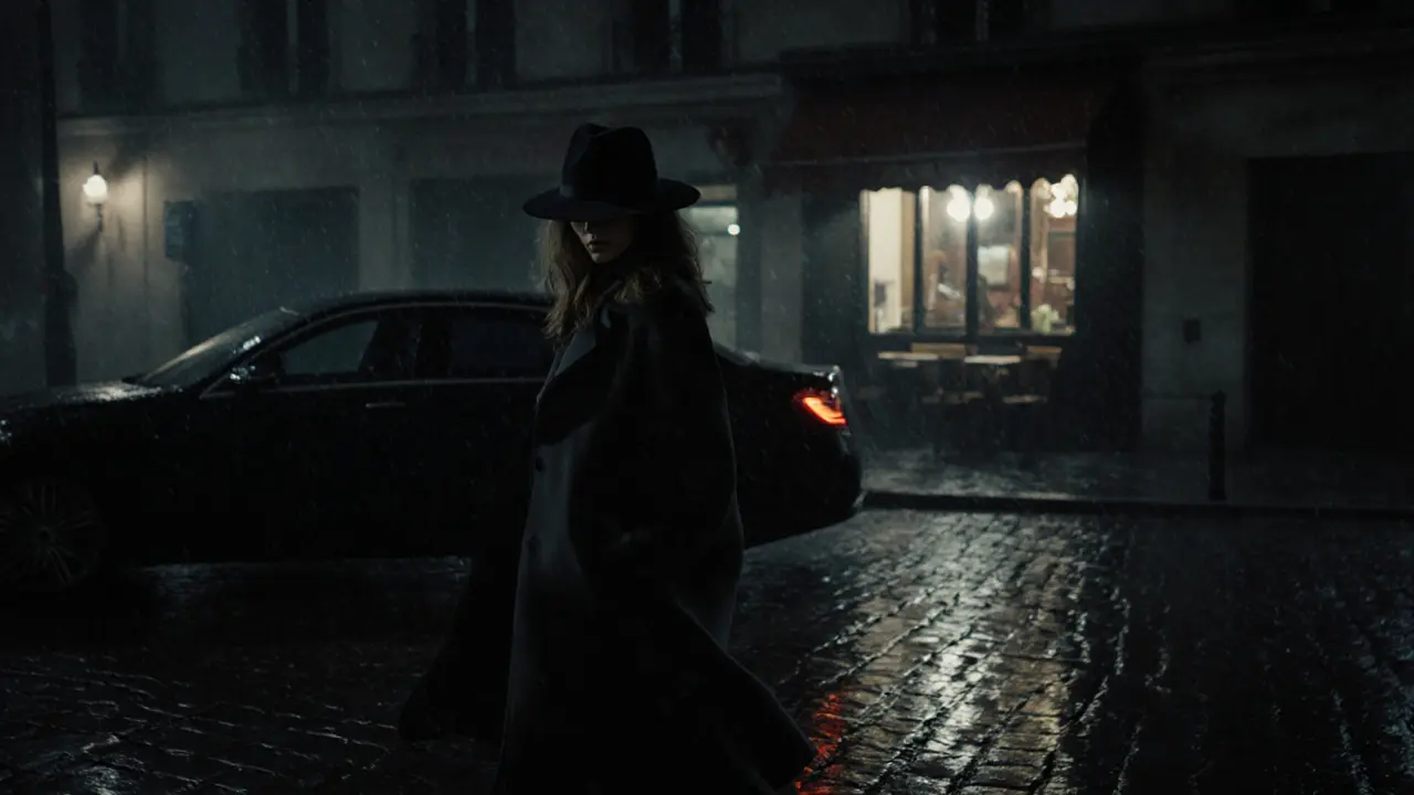 A woman walking away in the rain in Montmartre, discreet and unseen, under soft streetlight.