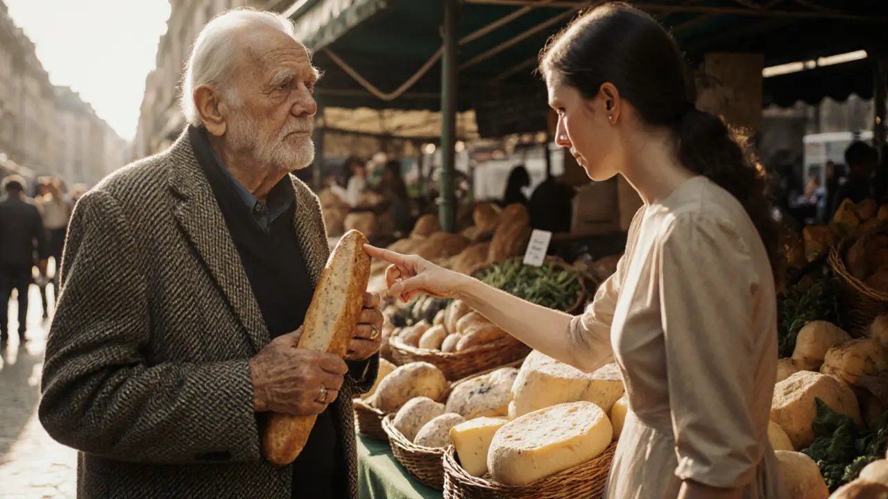 An elderly man hesitates at a market stall while a woman offers quiet guidance on selecting bread.