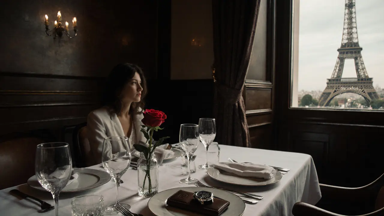 An empty fine dining table in Paris with a single rose, watch, and handbag—hinting at a private meeting.