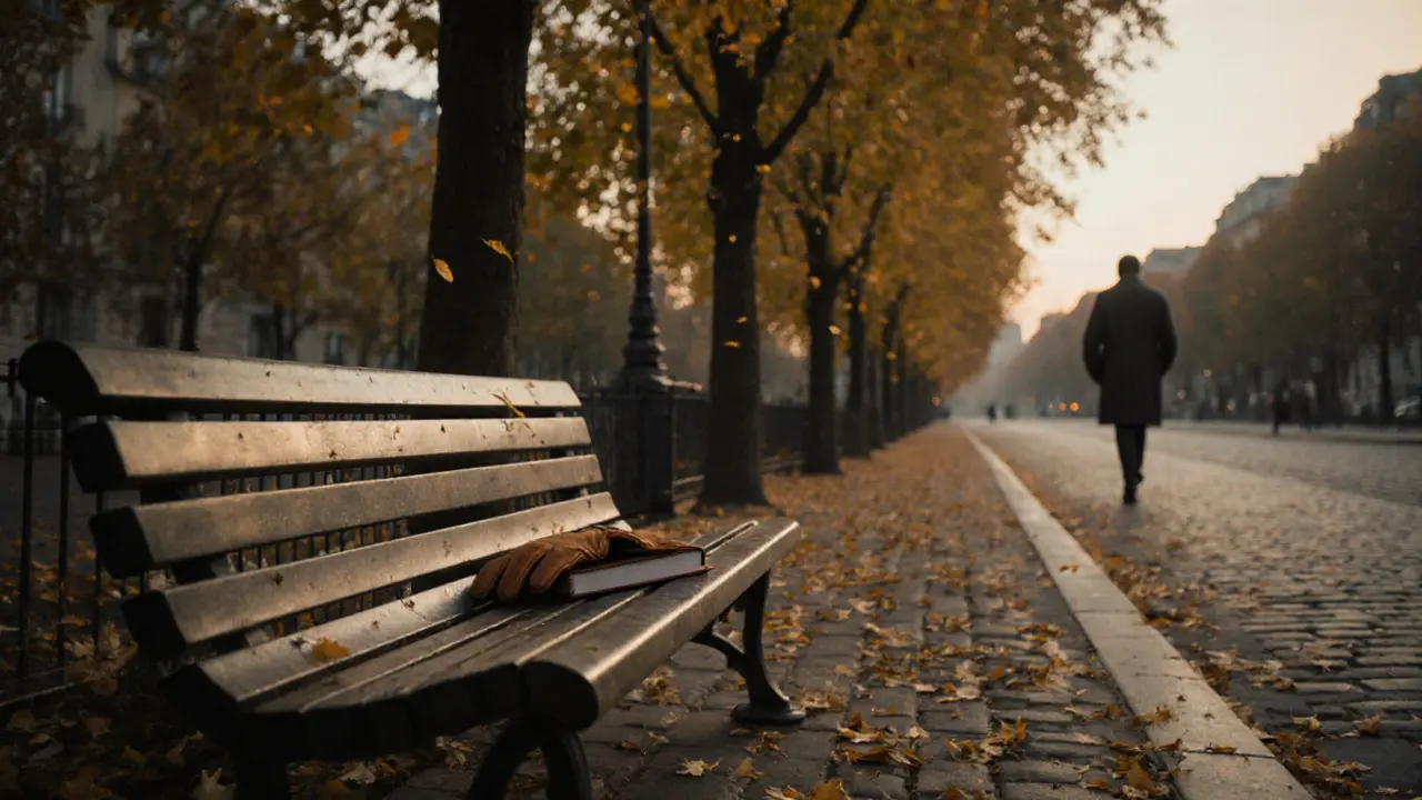 An empty park bench in autumn Paris with a glove and notebook, suggesting a respectful departure.