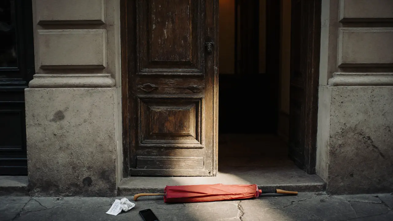 An open apartment door in Paris casts light on a discarded burner phone and red umbrella lying on the sidewalk.