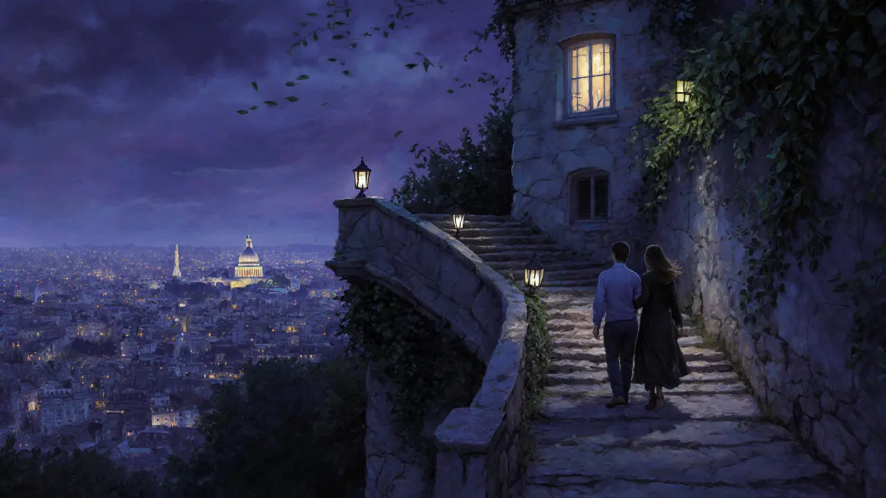 Couple climbing a dimly lit stone staircase in Montmartre with Paris lights glowing below.