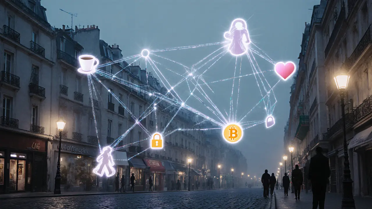 Digital network of glowing connections linking women across Paris with symbols of their services and risks.