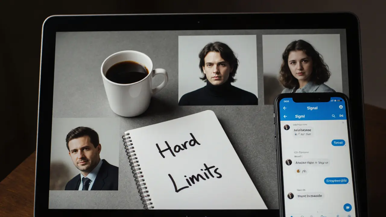 Discreet escort profile setup with natural photos and handwritten safety limits on a laptop.