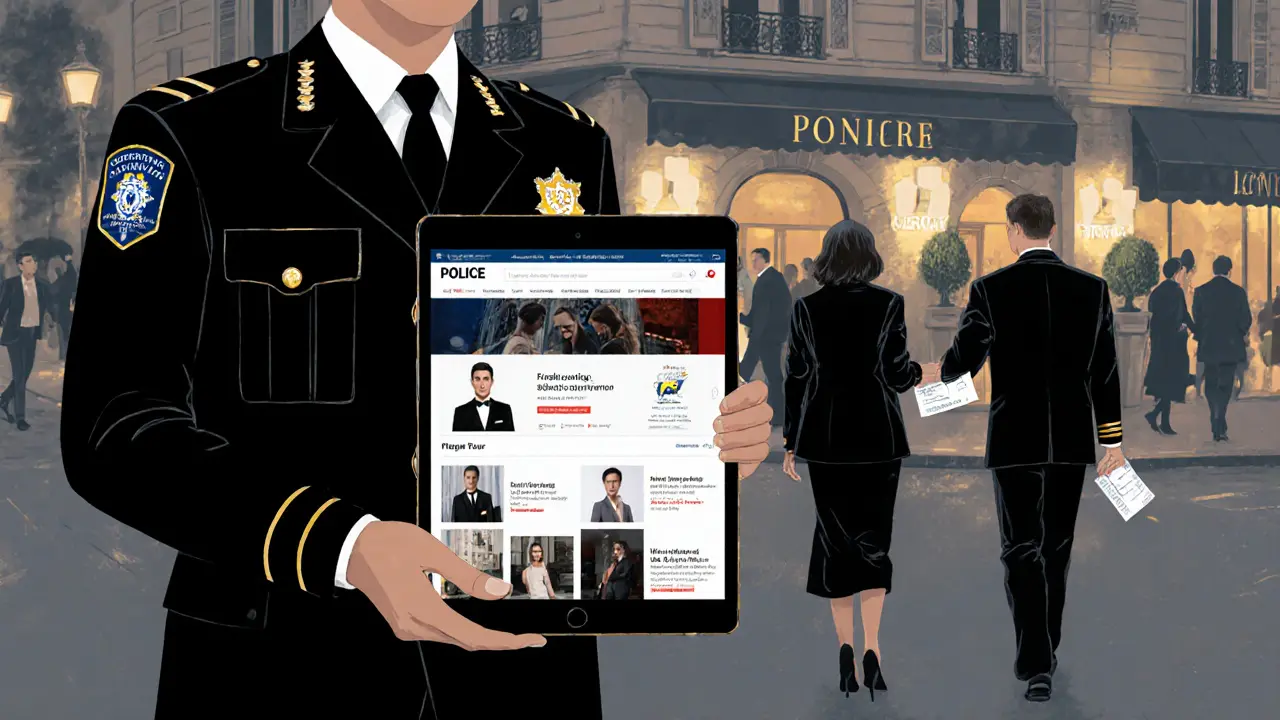 French police officer reviewing an escort website outside a hotel, while tourists walk away with tour receipts.