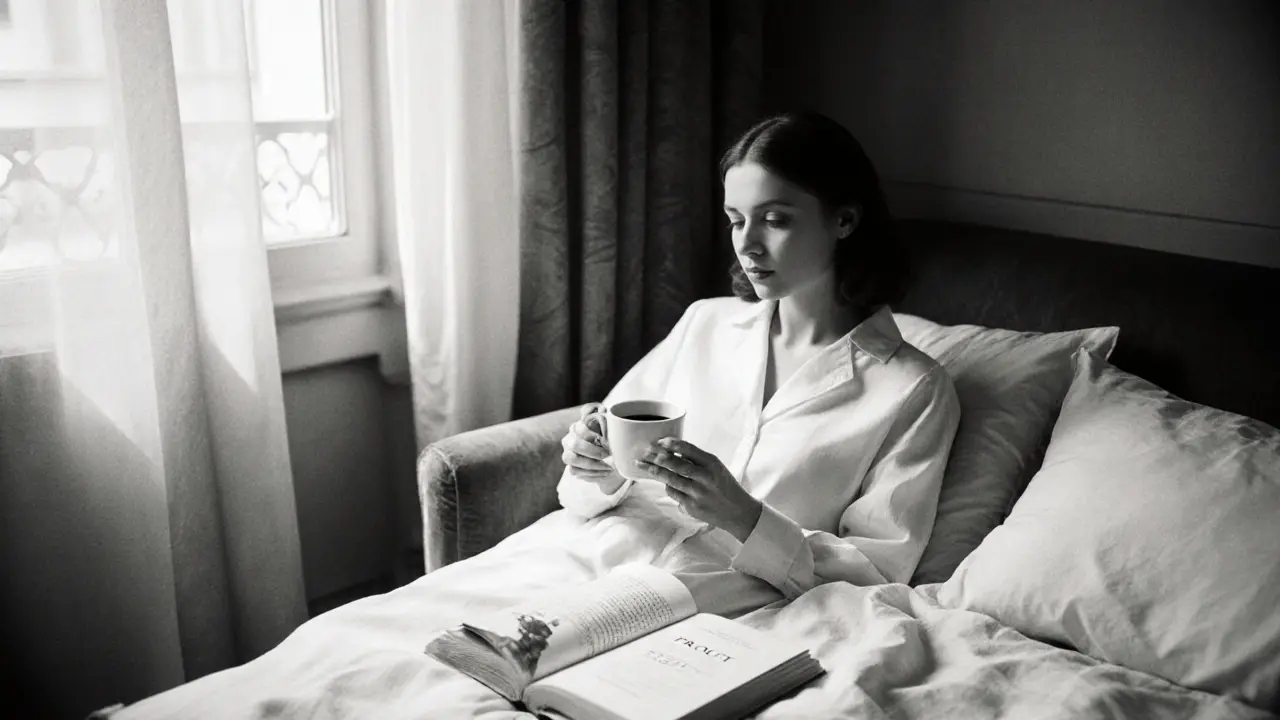 Hands holding a coffee cup beside a French book on a velvet couch, no face shown, soft morning light.