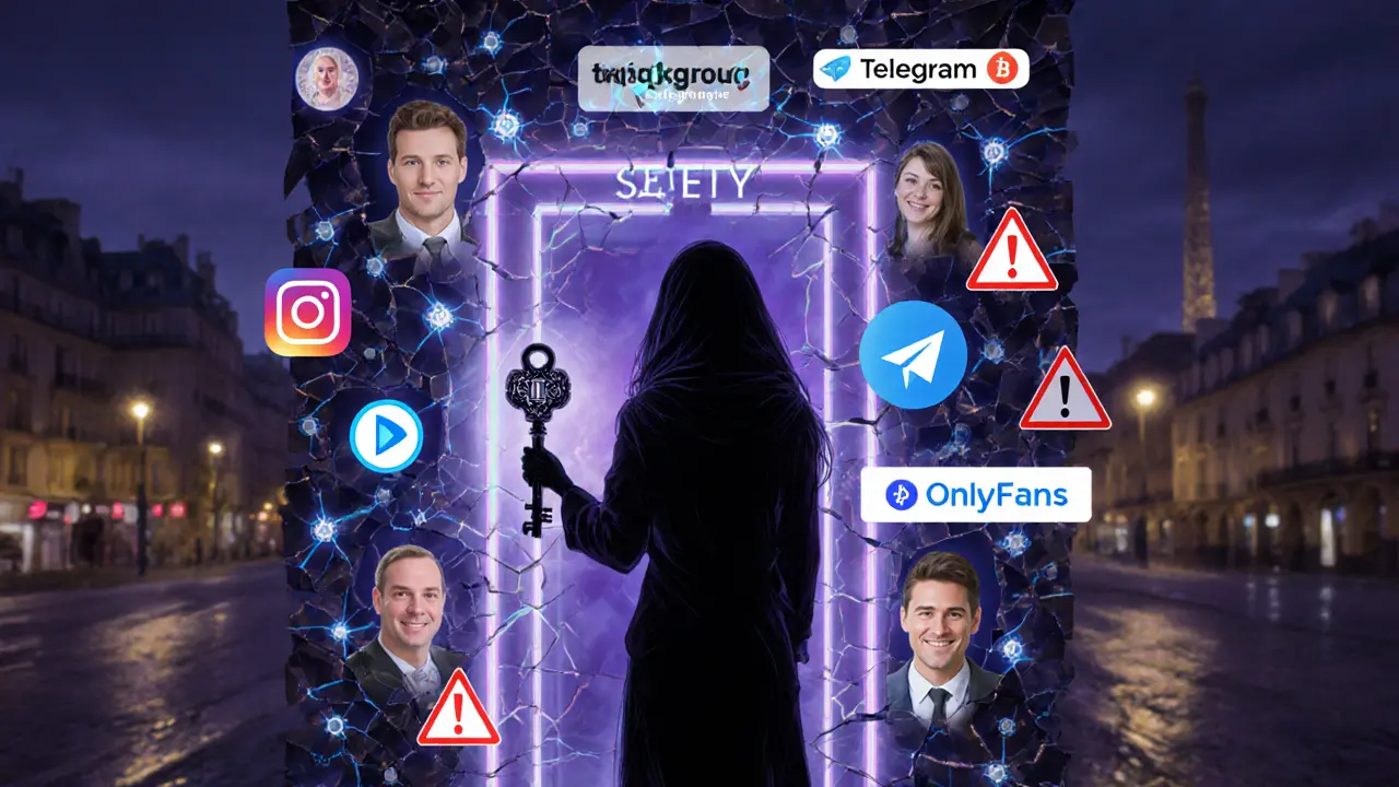 Shadowy figure holding a blockchain key before a digital wall of social media icons, surreal cyberpunk style.