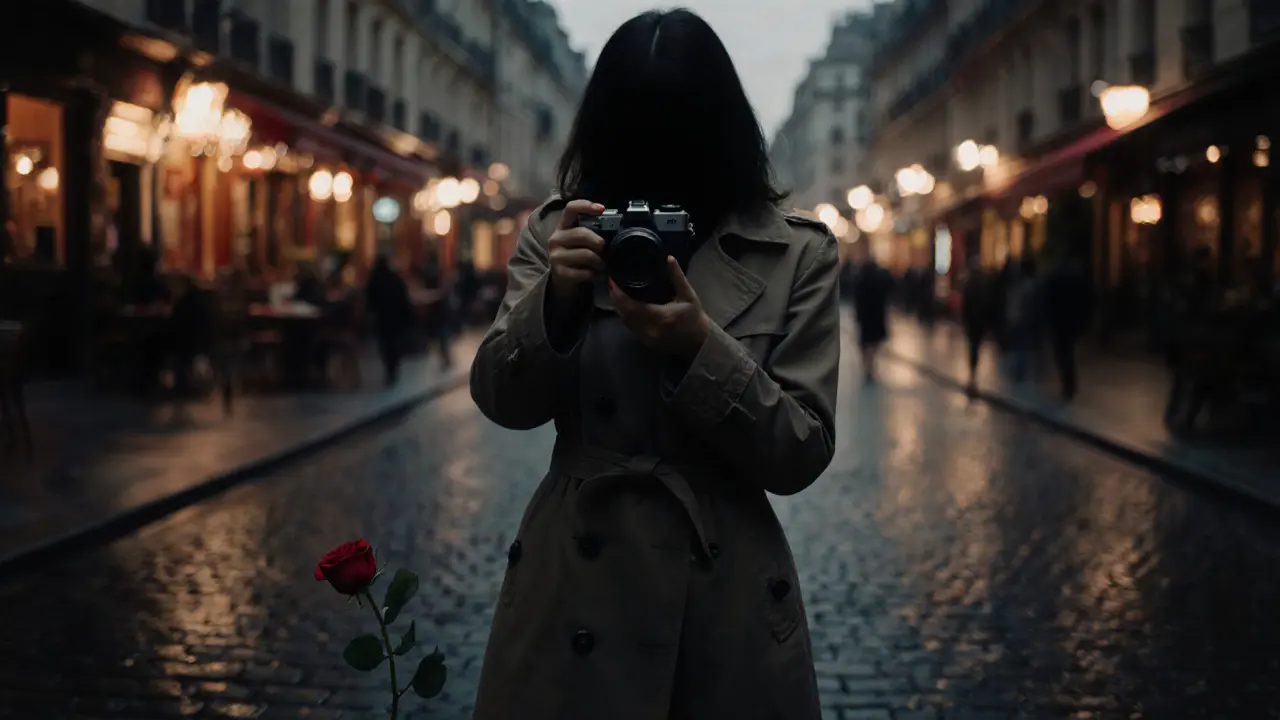 Silhouette of a woman in trench coat holding a camera against blurred Paris streets at dusk, red rose on ground.