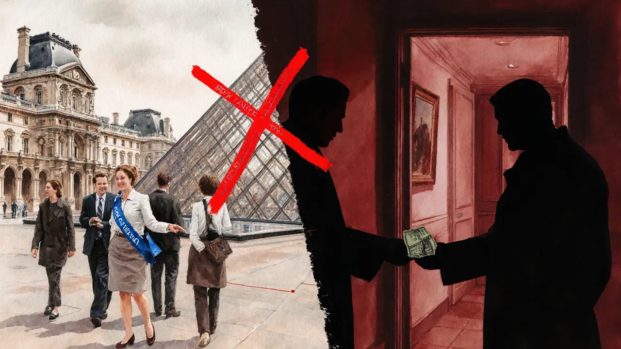 Split scene: certified tour guide with group vs. shadowy cash exchange, symbolizing legal vs. illegal companionship.