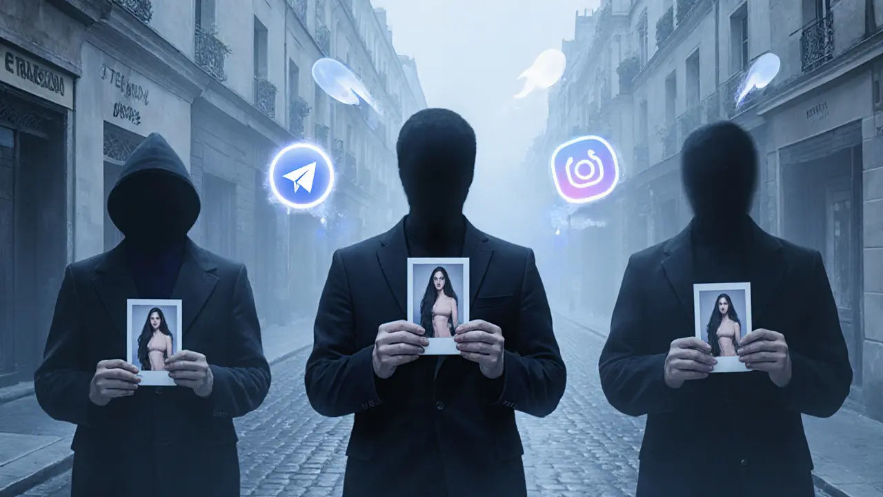 Three anonymous figures in Parisian neighborhoods hold blurred photos of an escort, surrounded by faint digital icons floating in the fog.