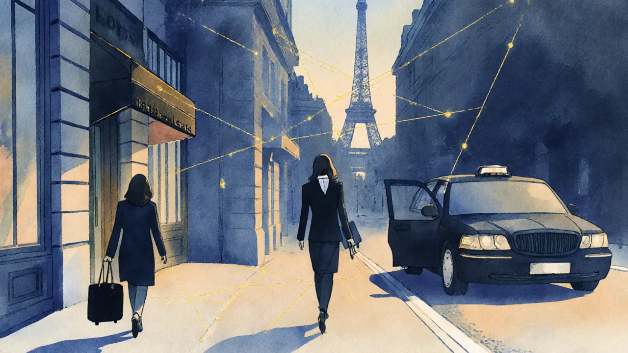 Three silhouette figures in Parisian streets connected by golden threads, symbolizing independence and resilience.