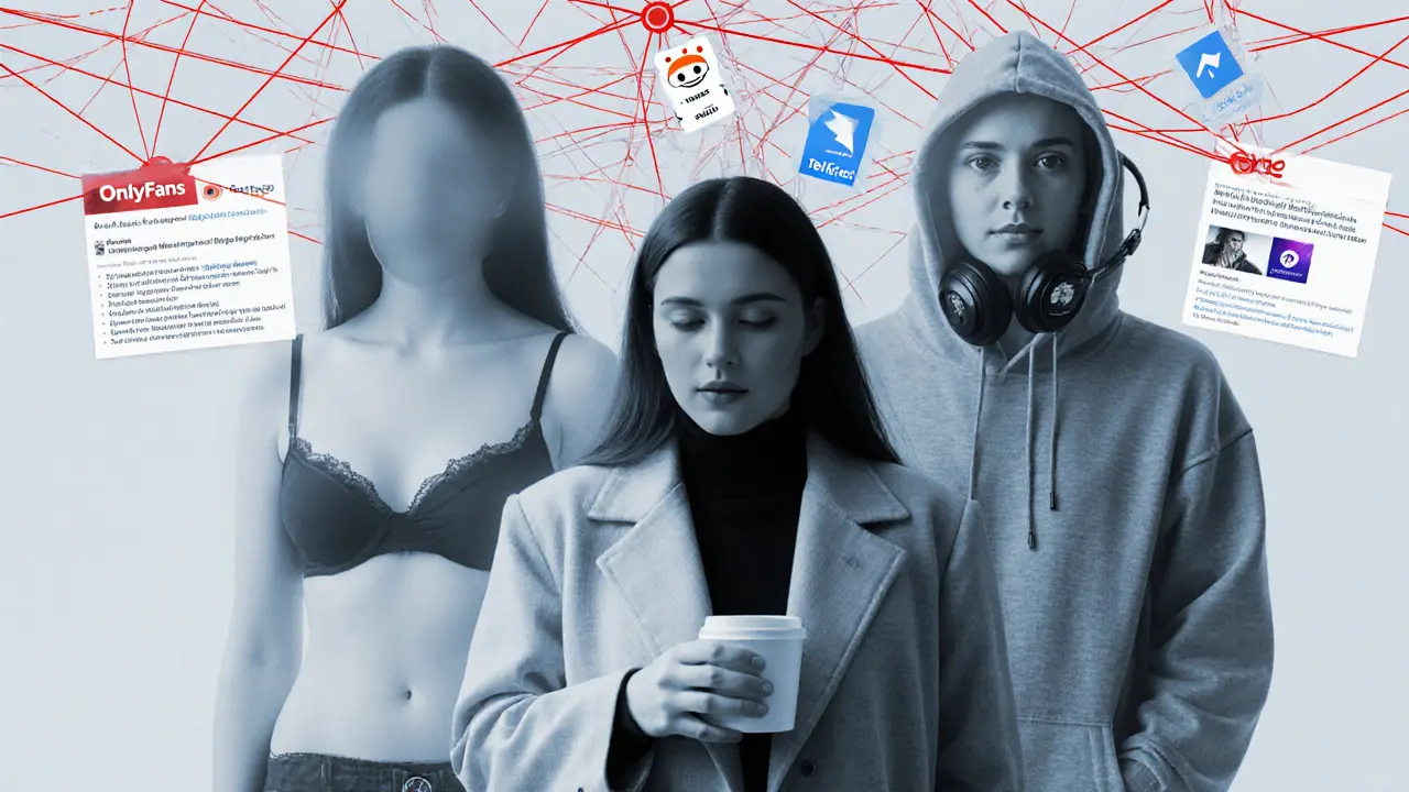 Three transparent digital identities of a woman overlaid, connected to warnings and surveillance lines, cold lighting.