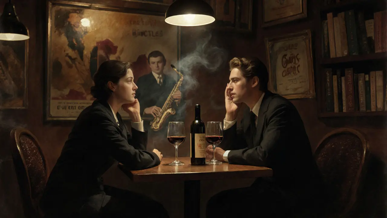 Two people engage in quiet conversation at a dimly lit jazz bar in Paris, sharing wine and thoughtful eye contact.