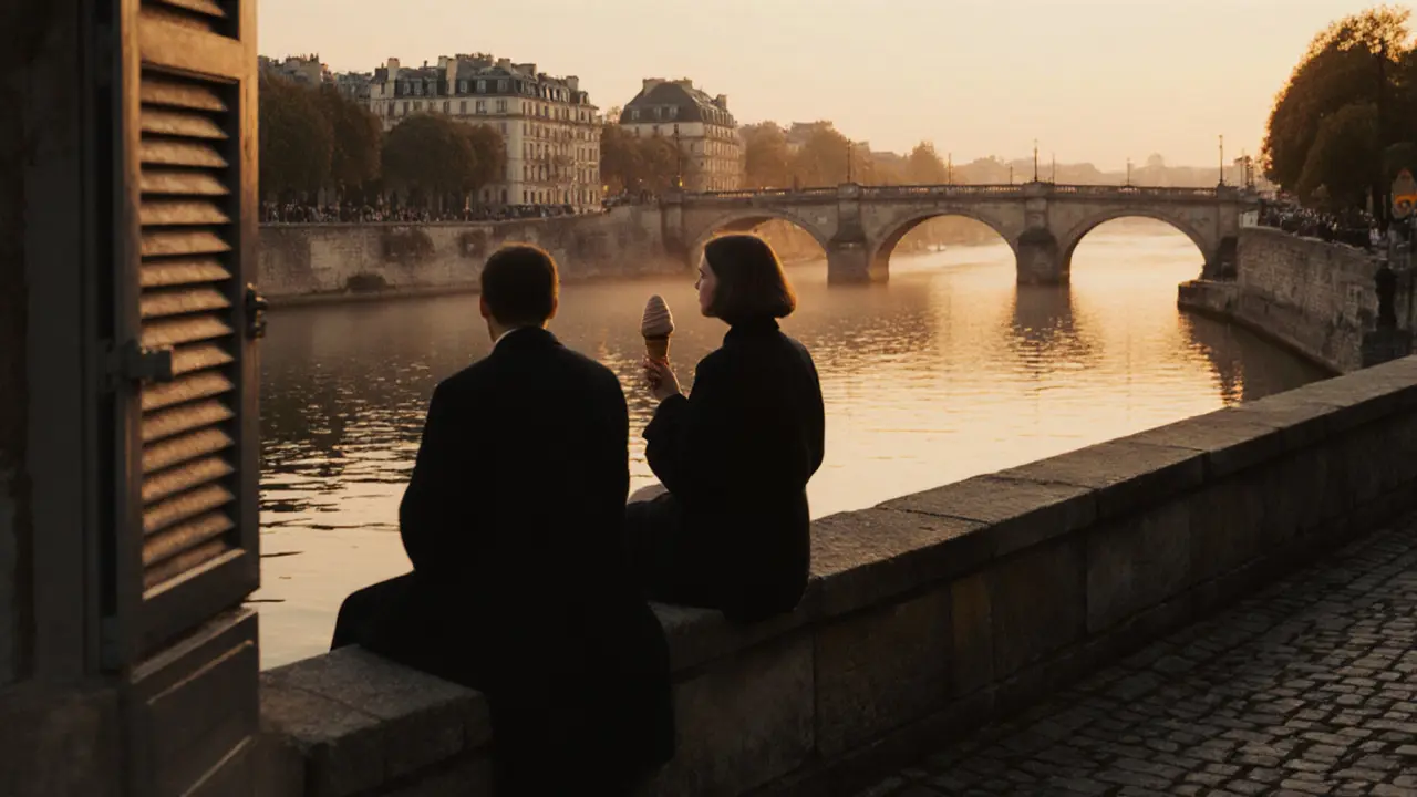 Two people sitting on a stone wall by the Seine on Île Saint-Louis, reflecting lights from a bridge.