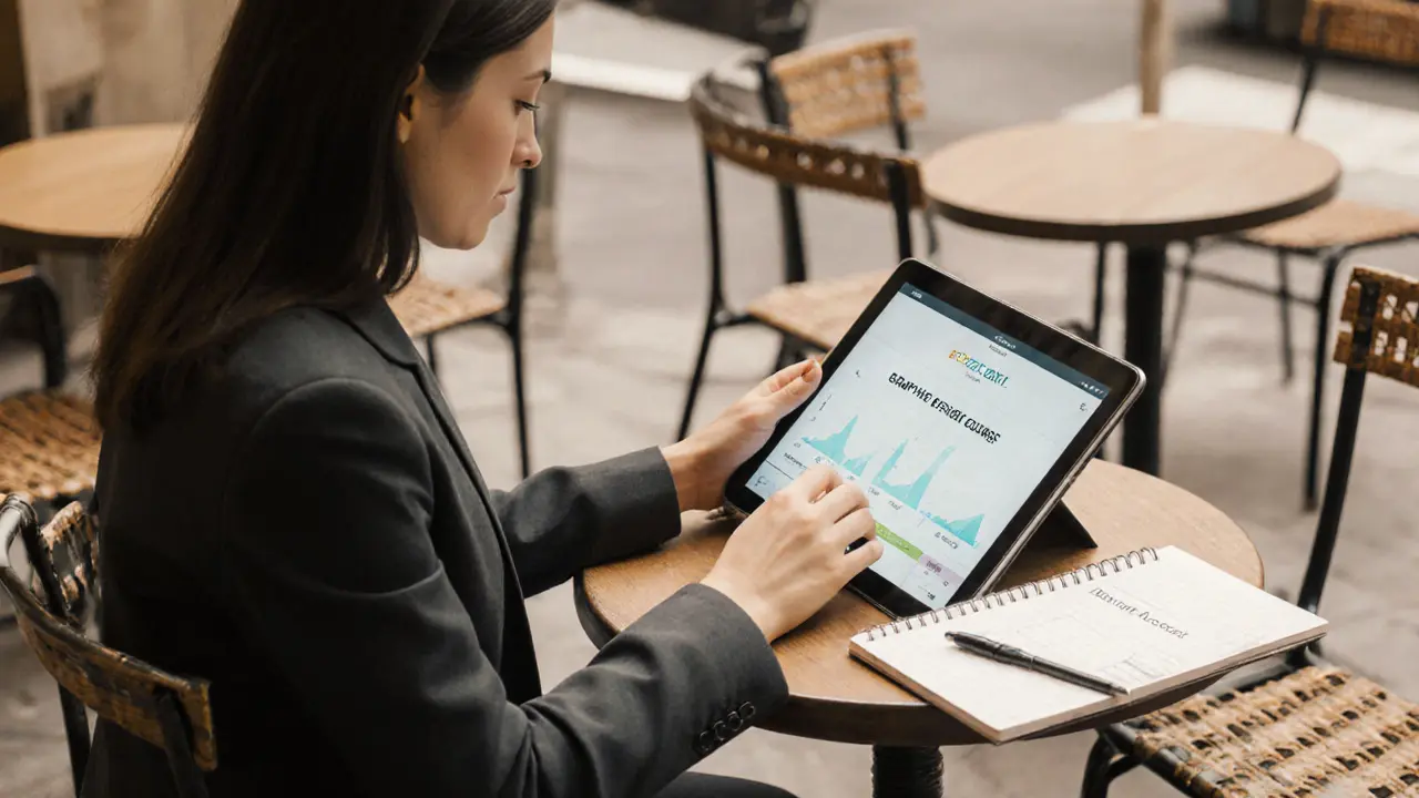 Woman at a Paris café working on financial goals, notebook showing future skills, calm and determined.