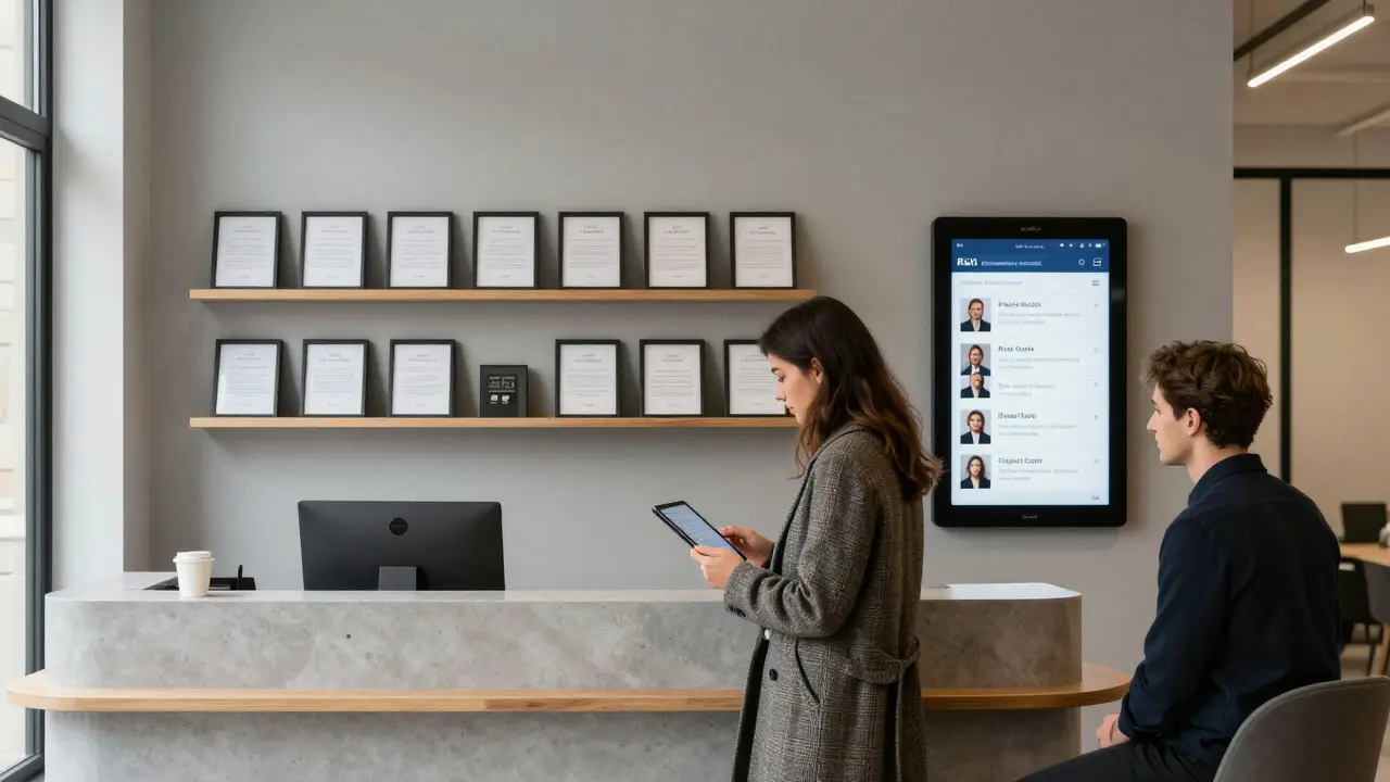 A professional escort agency office in Paris with a client reviewing profiles on a touchscreen.