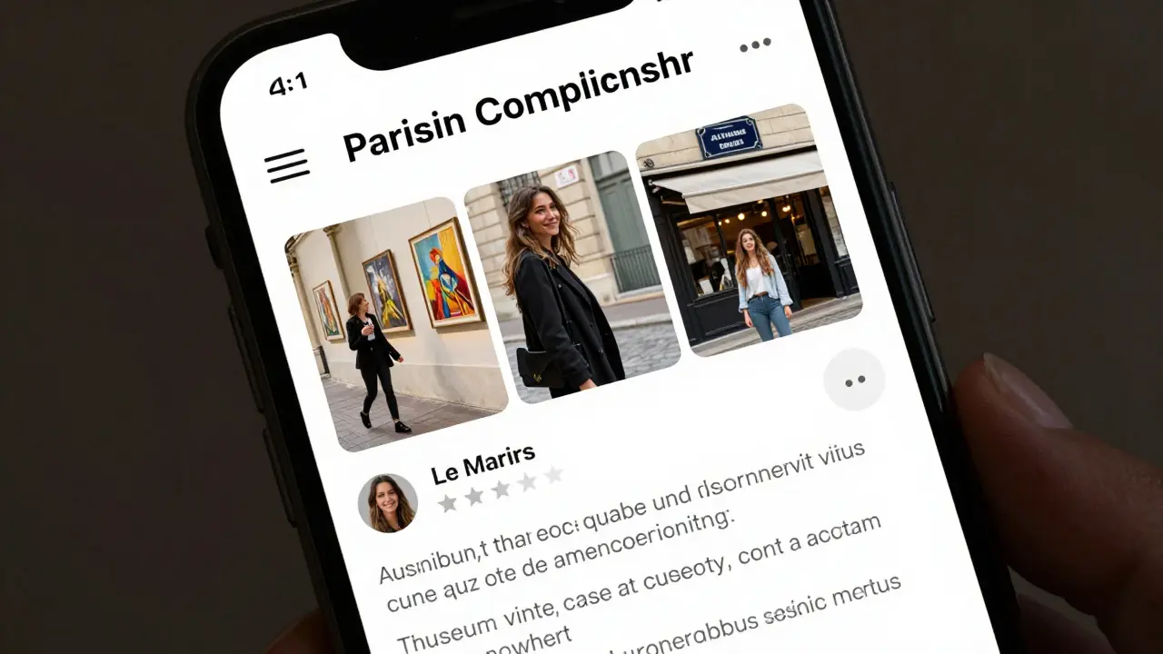 A verified escort profile on a trusted website showing authentic photos of life in Paris.