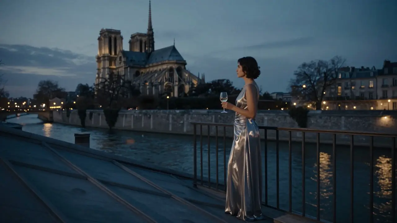 A woman on a rooftop terrace in Paris at night, gazing at the city lights with a wine glass.