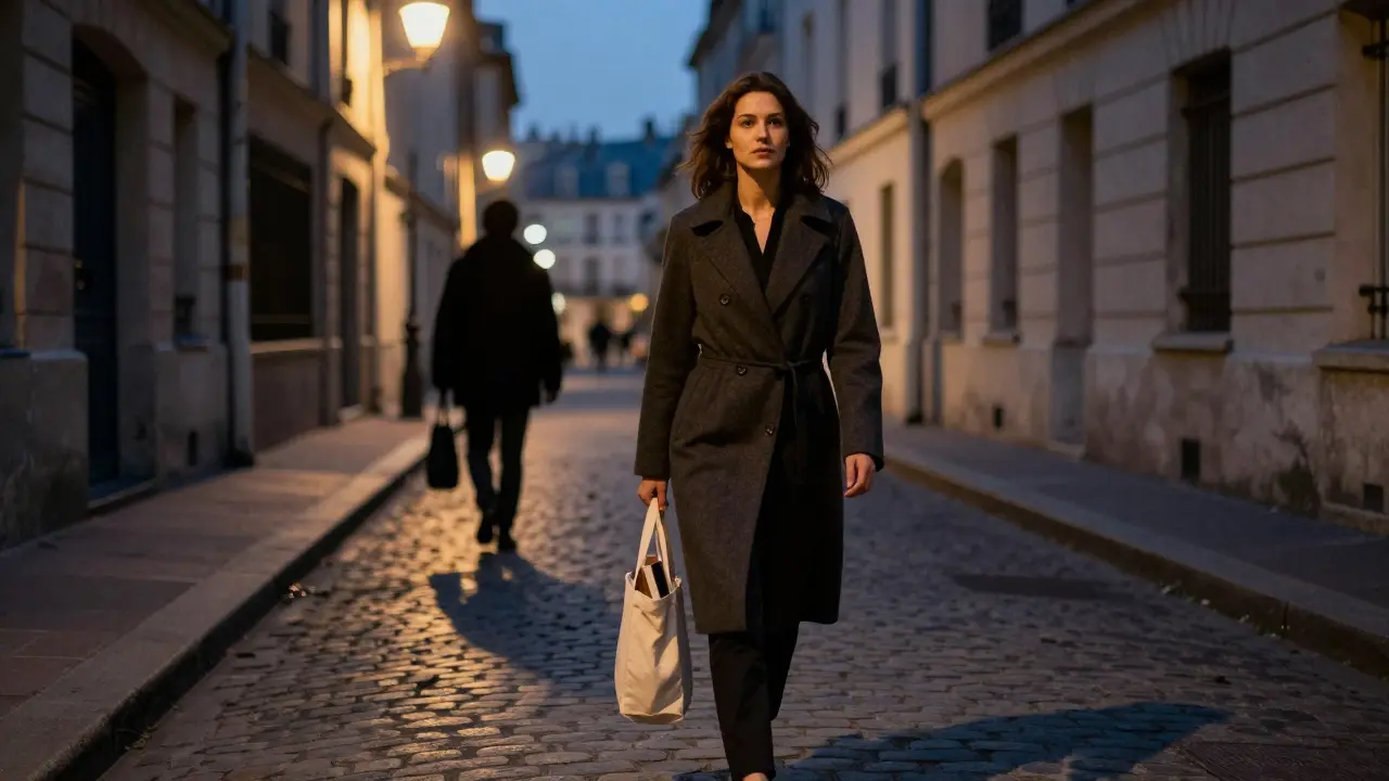 A woman walking confidently through Montmartre at twilight, danger subtly blurred behind her.